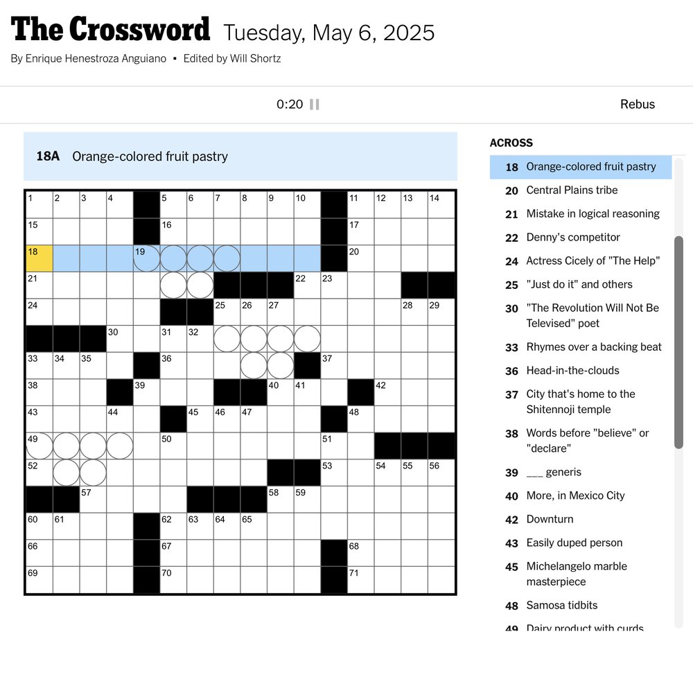 A New York Times crossword mid-solve